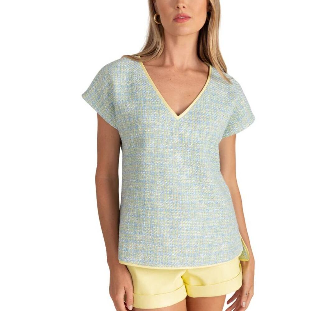 S'Edge Joan Tweed V Neck Blouse Top Starlet Green Blue M Quiet Luxury Old Money